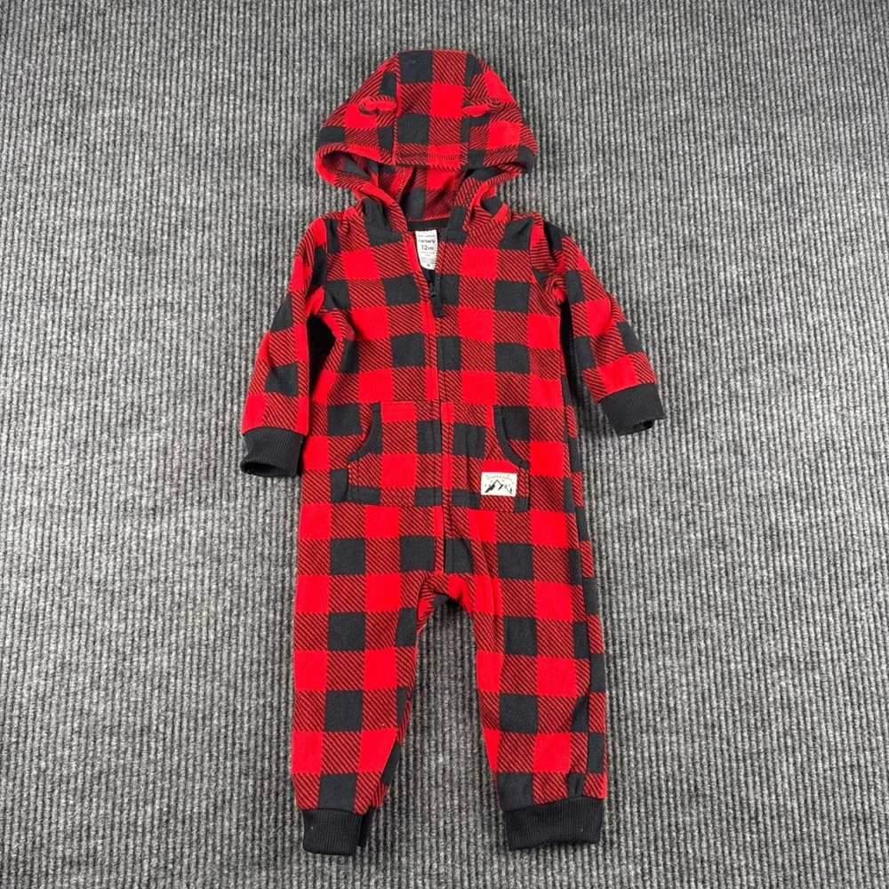 Carters Baby 12M Red Black Buffalo Plaid Fleece‎ Hooded Jumpsuit Romper 1I963610